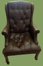 Vinyl Tufted Back Chair with Brass Tacks on Arms