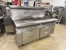 Imperial 72” Combination Range 36” Thermostatic Griddle & Grooved Griddle, 4 Drawer Refrig Chef Base