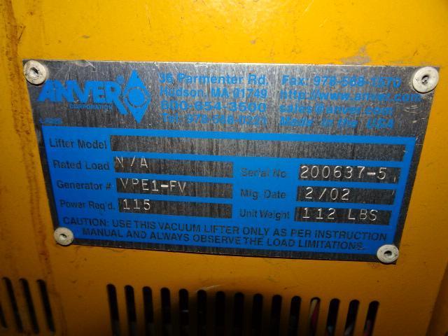 2002 ANVER Model VP1, 1,500 lb Vacuum Lifter, s/n 200637-5, with VP1 Vac-Pack vacuum generator, (6)
