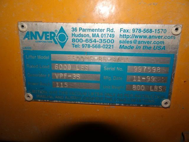 1999 ANVER 6,000 lb Vacuum Lifter, s/n 997598, 110 volt, single phase, equipped with VPF-3 Vac-Pack