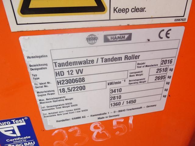 2016 HAMM Model HD12VV Tandem Vibratory Roller, s/n H2300608, powered by Kubota D1703 diesel engine