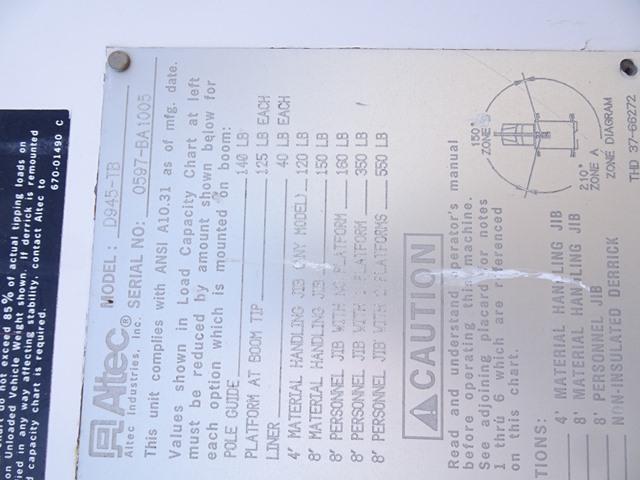 1997 ALTEC Model D945TB Digger Derrick, s/n 0597-BA1005, equipped with 3-section boom, 27,070#