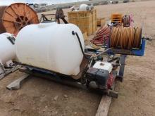 Skid Mounted 2" Belt Drive Pump, Honda 8HP gas, with 200 gallon poly water tank and manual hose reel