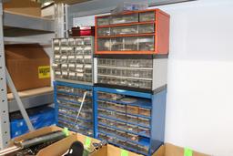 Five parts bins with contents including fasteners