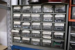 Five parts bins with contents including fasteners