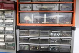 Five parts bins with contents including fasteners