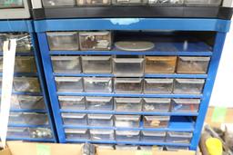 Five parts bins with contents including fasteners
