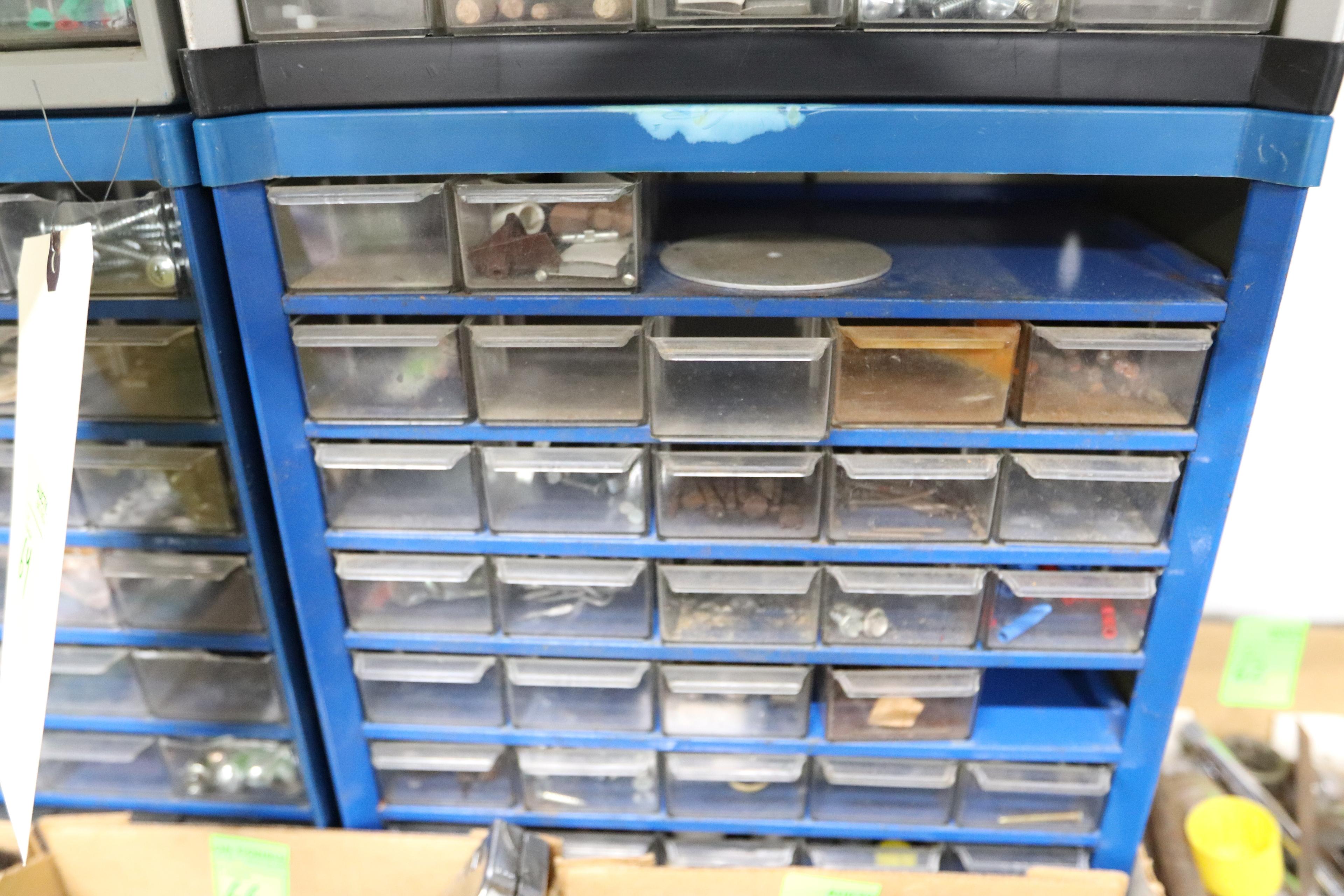 Five parts bins with contents including fasteners