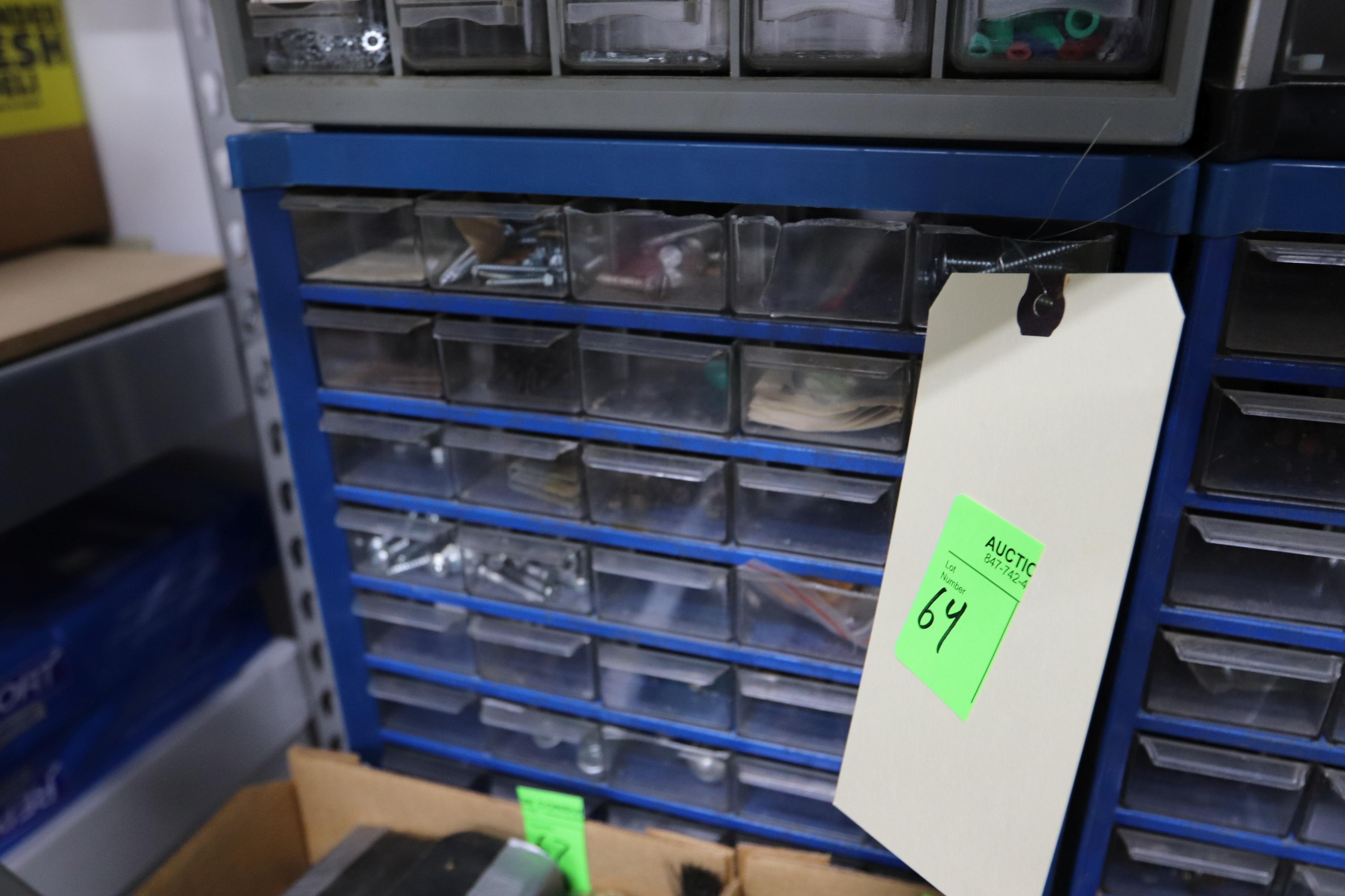 Five parts bins with contents including fasteners