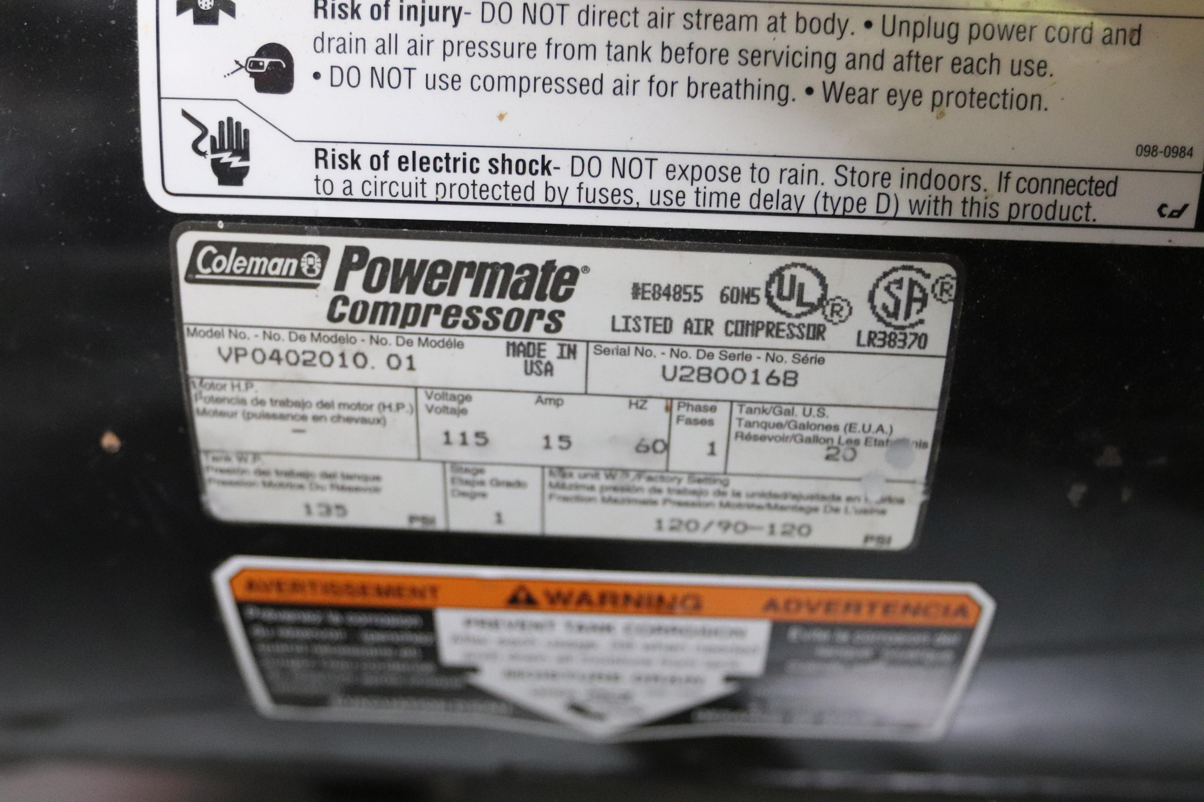 Coleman Blackhawk 4 hp 20-gallon air compressor
