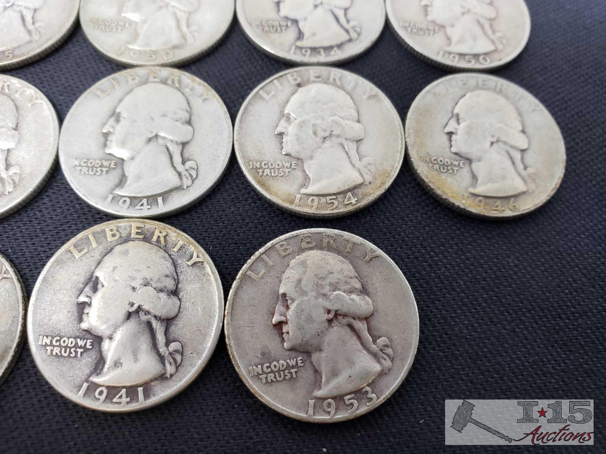 23 Washington Quarters 1932-1953 Not Consecutive, 4 Foreign Coins