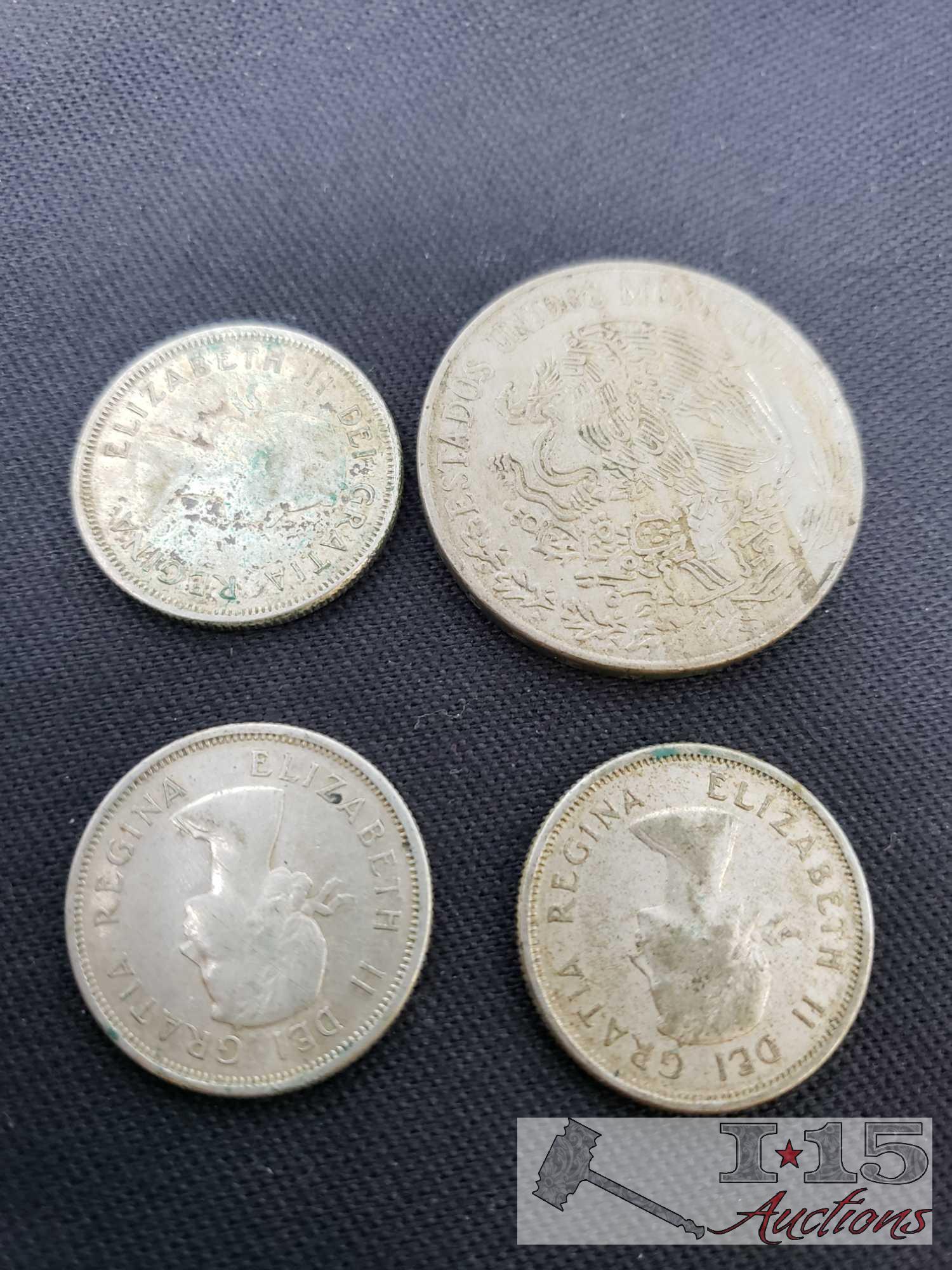 23 Washington Quarters 1932-1953 Not Consecutive, 4 Foreign Coins