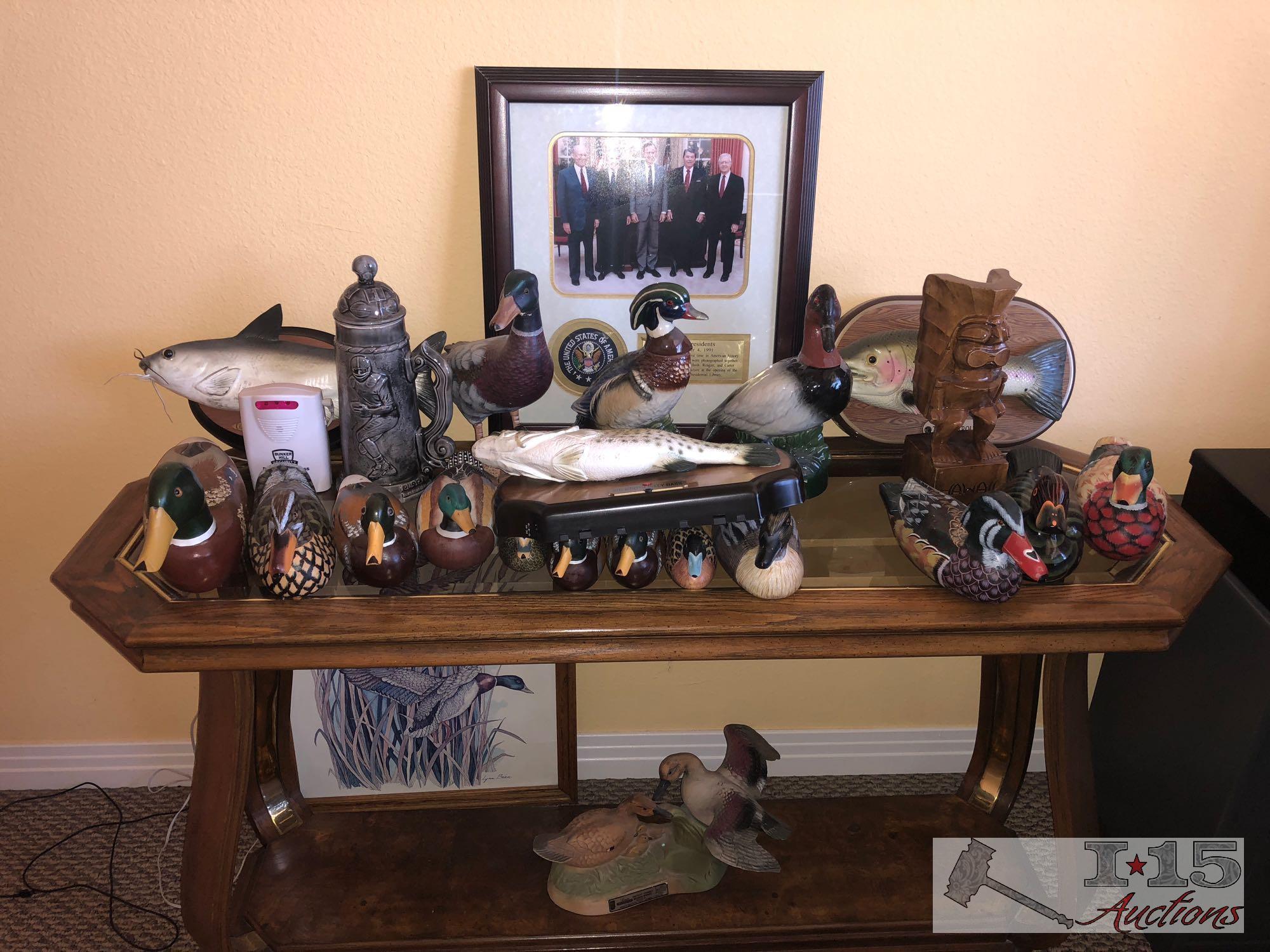 Assorted Ducks, Big Mouth Billy Bass, Beer Stein, Decanters and Five President Photo