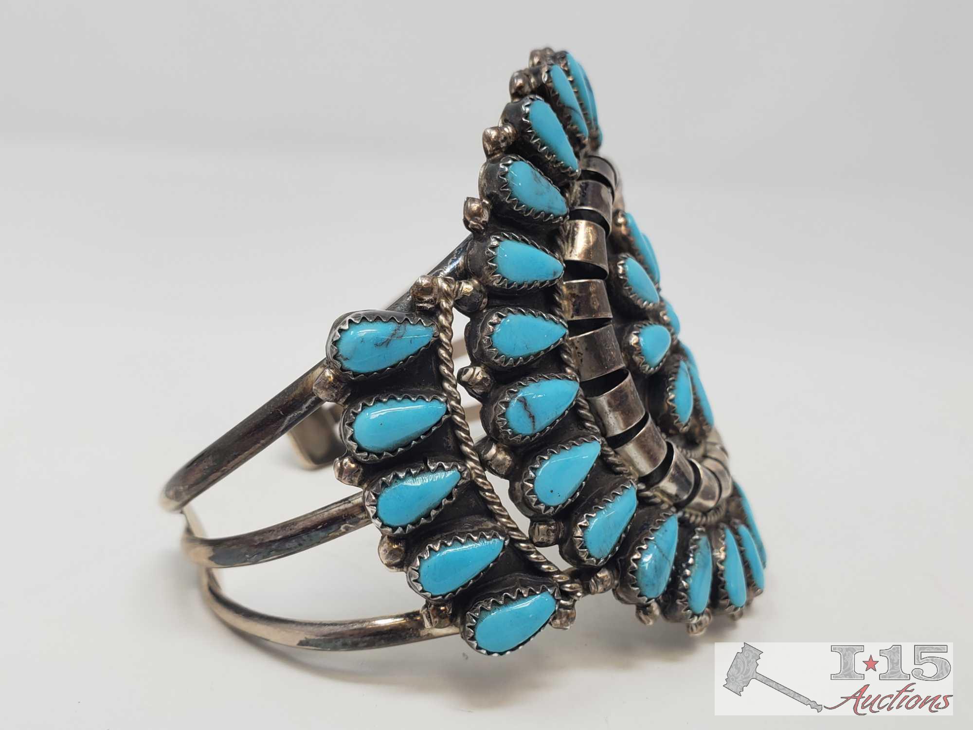 Unique Artist Marked Large Sterling Silver Cuff Bracelet Turquoise Stones