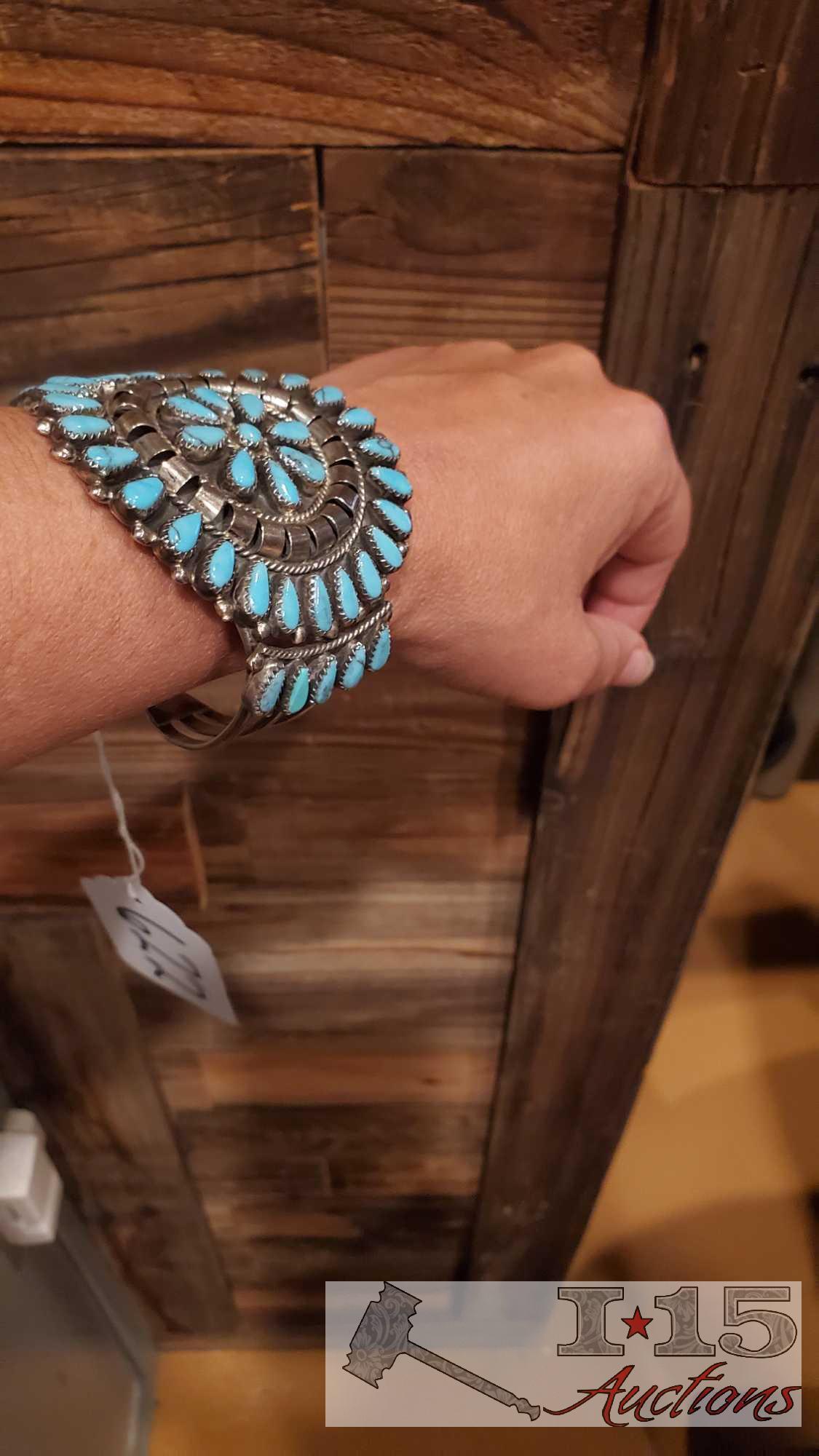 Unique Artist Marked Large Sterling Silver Cuff Bracelet Turquoise Stones