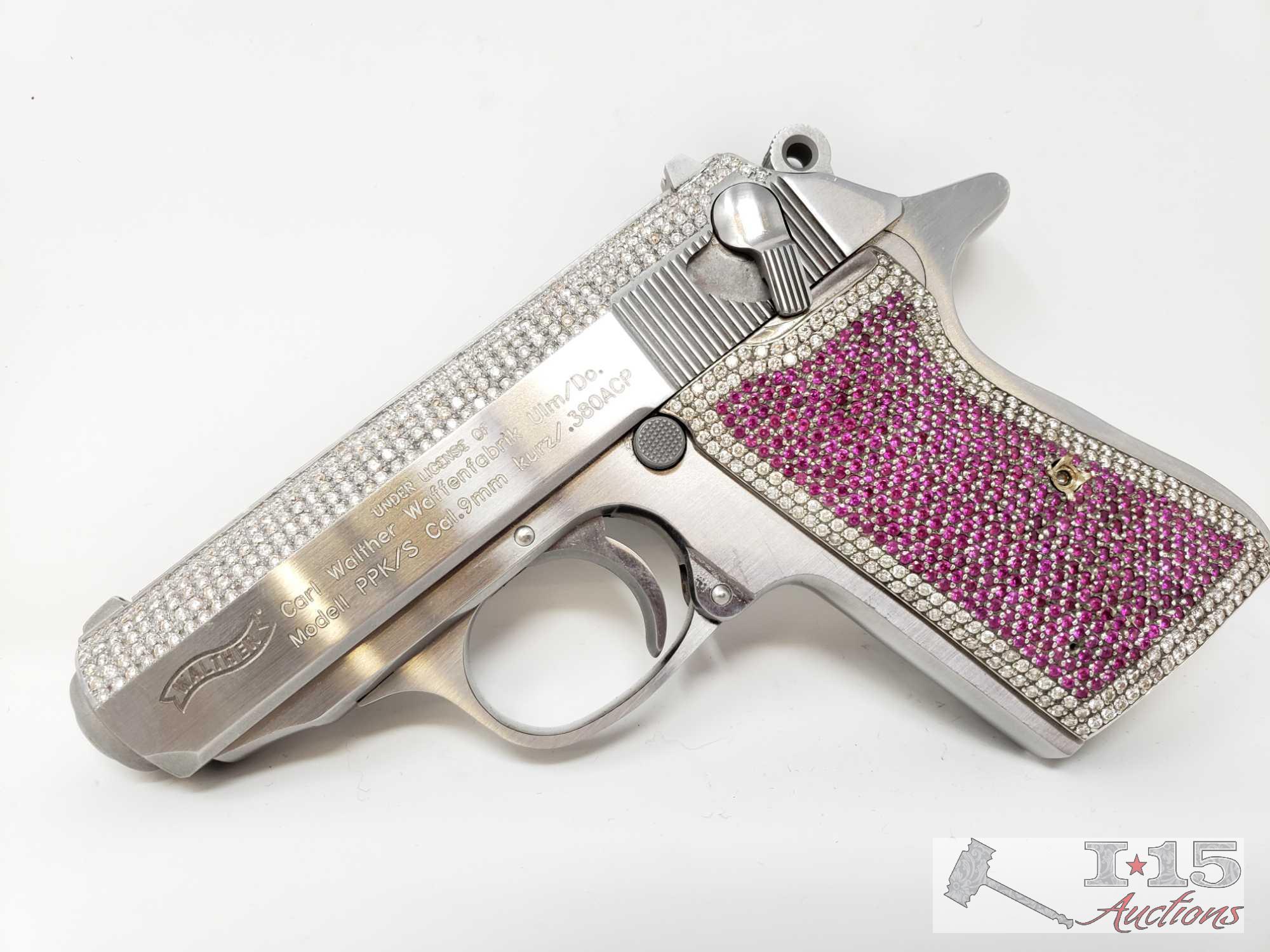 Carl Walther 9mm Gun Encrusted in 900 Diamonds and Rubies! Ca Transfer Available! Watch Video