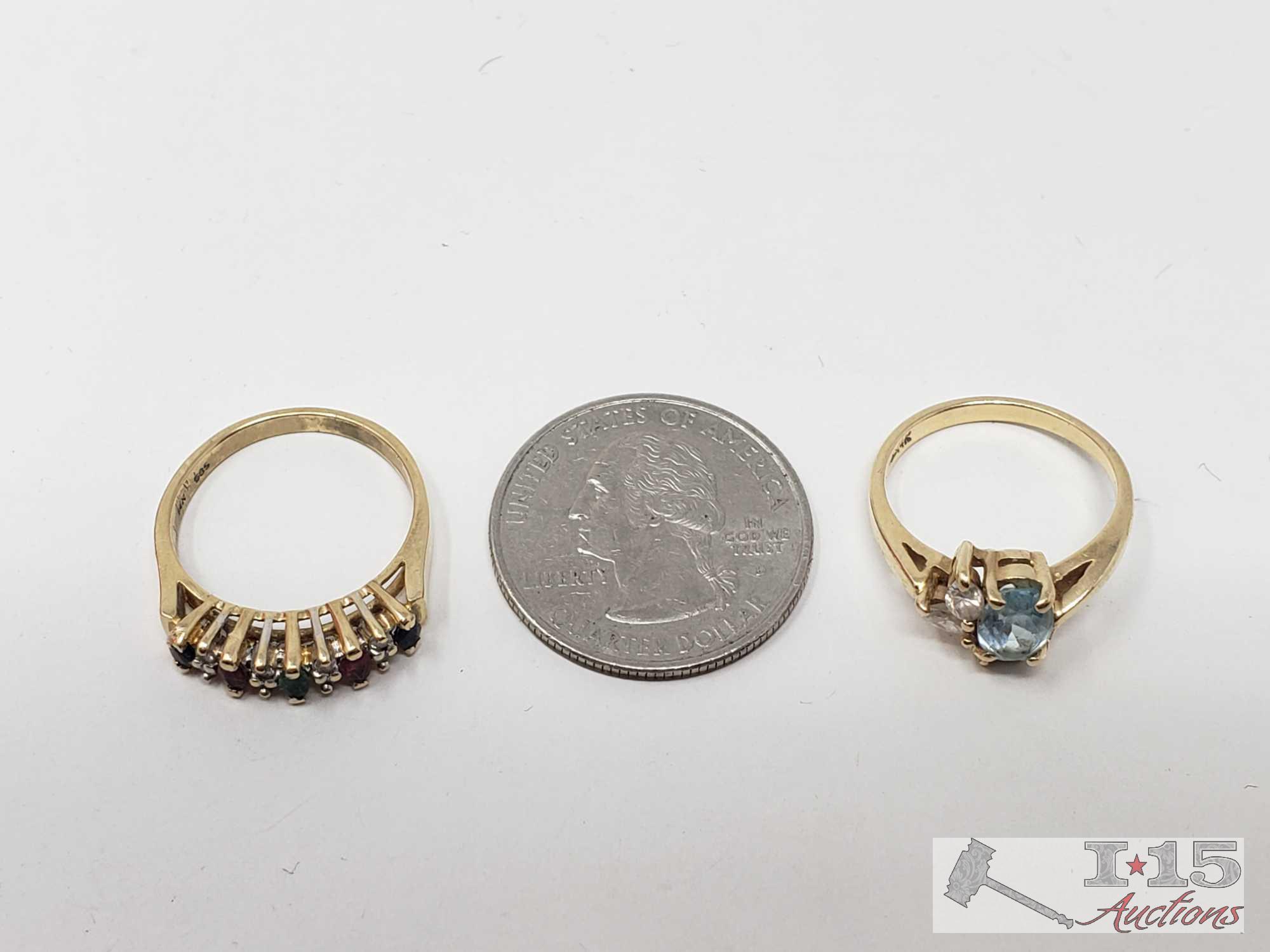 Two 14k Gold Rings with Accent Diamonds and Multi Gemstones 6.8g