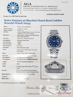 Authenticated Rolex Datejust 36 Bluedial Fluted Bezel Jubilee Bracelet Watch 16234 Est. $9,800.00