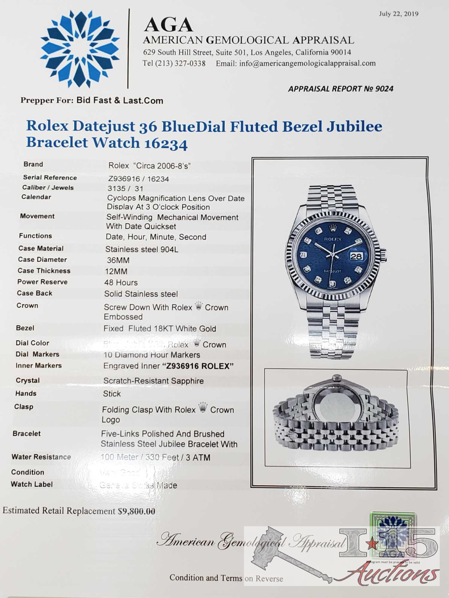 Authenticated Rolex Datejust 36 Bluedial Fluted Bezel Jubilee Bracelet Watch 16234 Est. $9,800.00