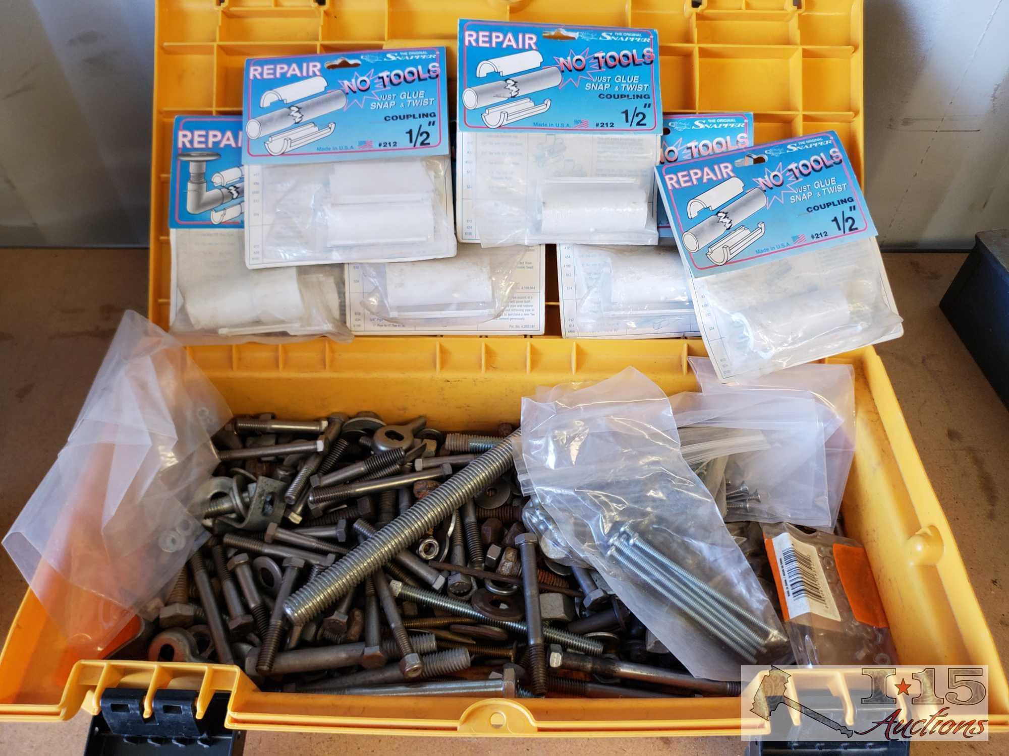 Three Tool Box Organizer, Metal Hard Case w/ Organizer, Various boxes and bags of Hardware