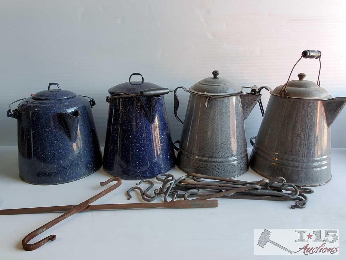 Four Large Vintage Coffee Pots and Hooks