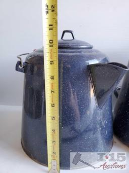 Four Large Vintage Coffee Pots and Hooks