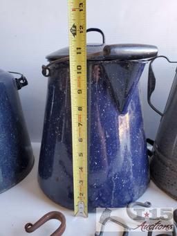 Four Large Vintage Coffee Pots and Hooks