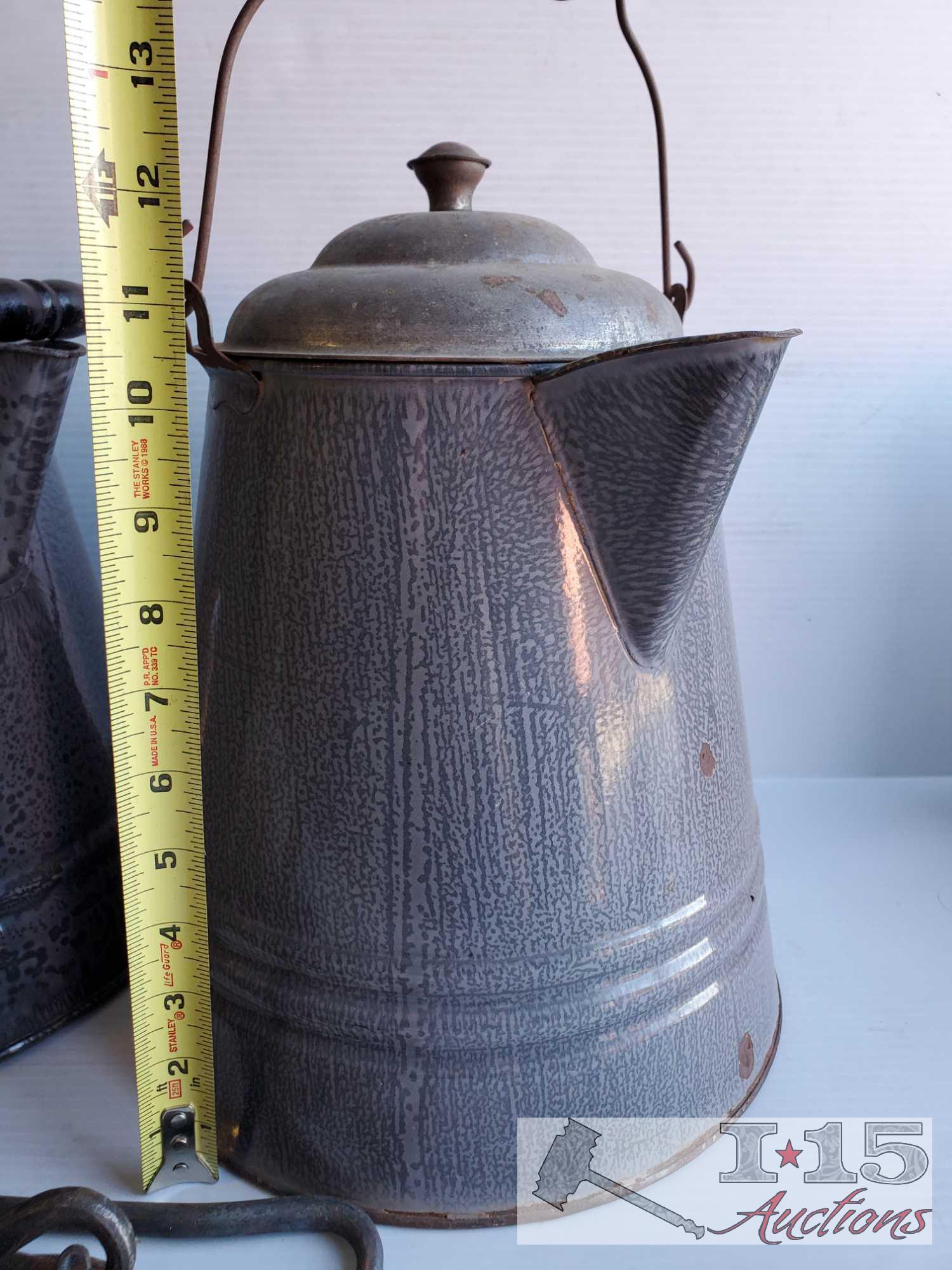 Four Large Vintage Coffee Pots and Hooks