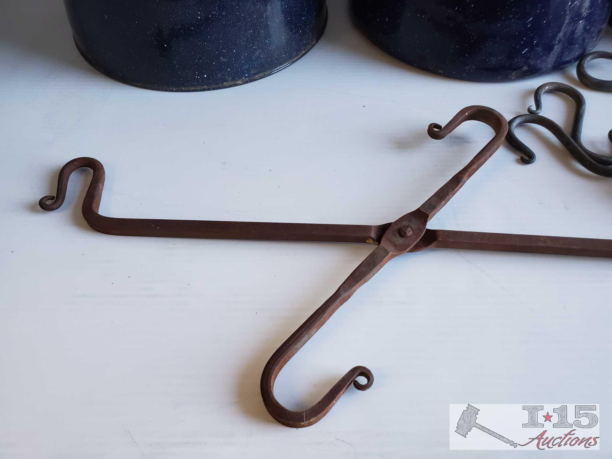 Four Large Vintage Coffee Pots and Hooks