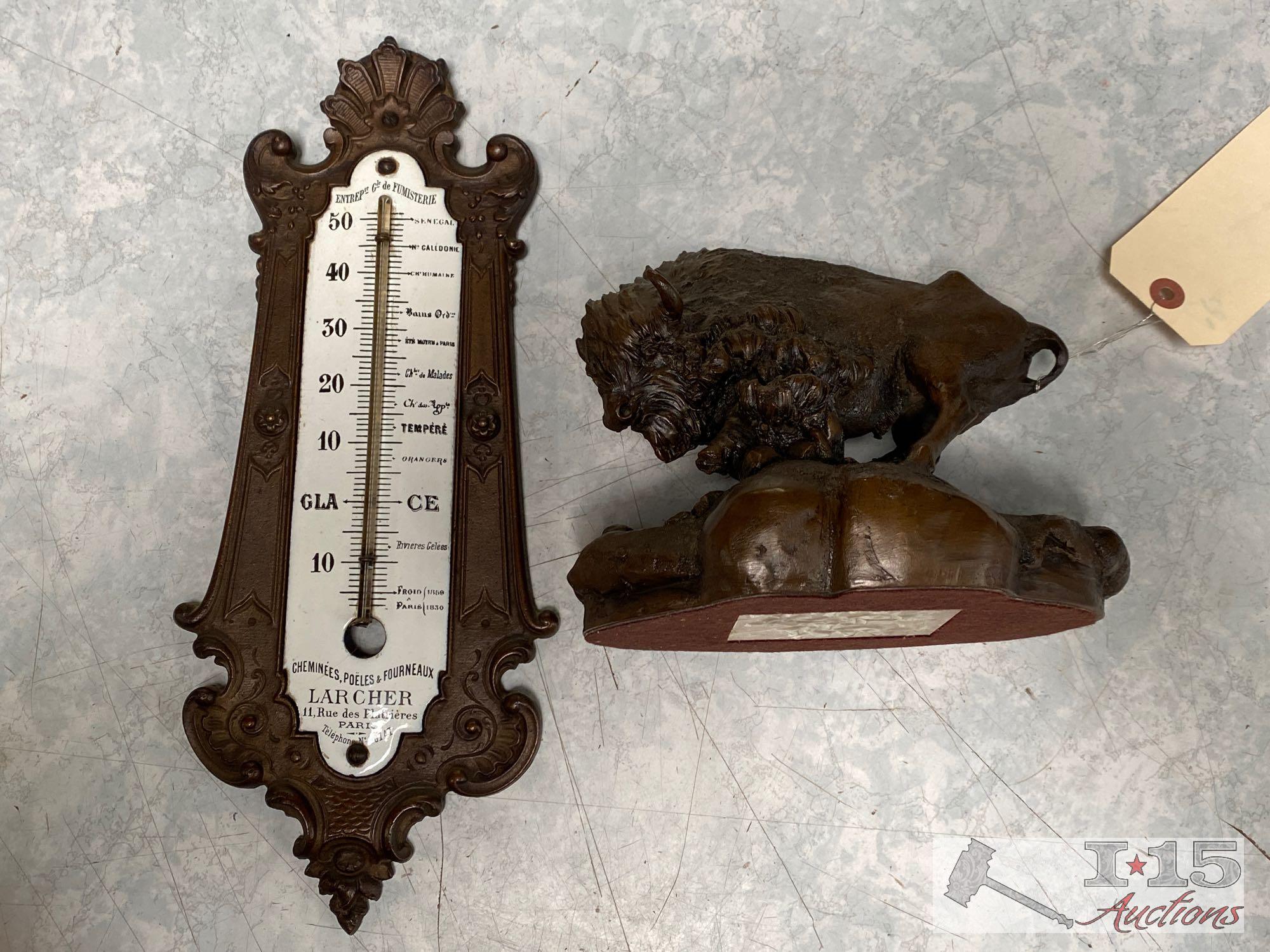 Buffalo Statue, and Wall Thermometer
