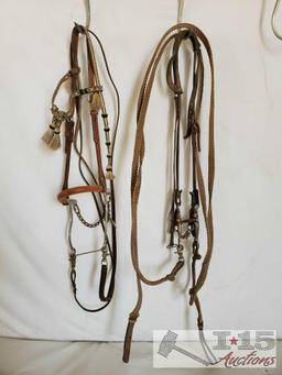 Complete Horsehair Headstall Hackamore Bit Bridle and a Bridle with a Tom Thumb Snaffle Bit