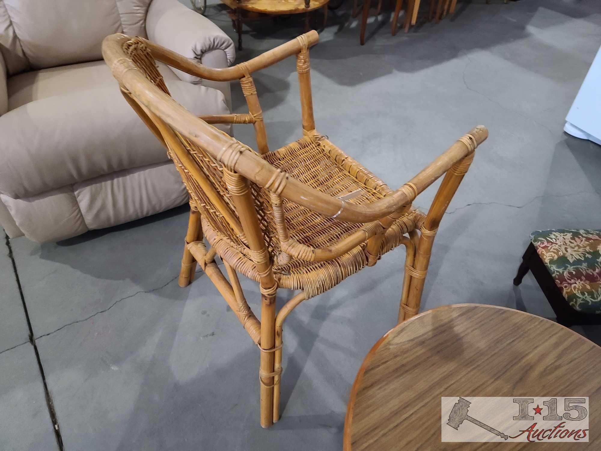 Wicker Chair, Wooden End Table, And Foot Stool