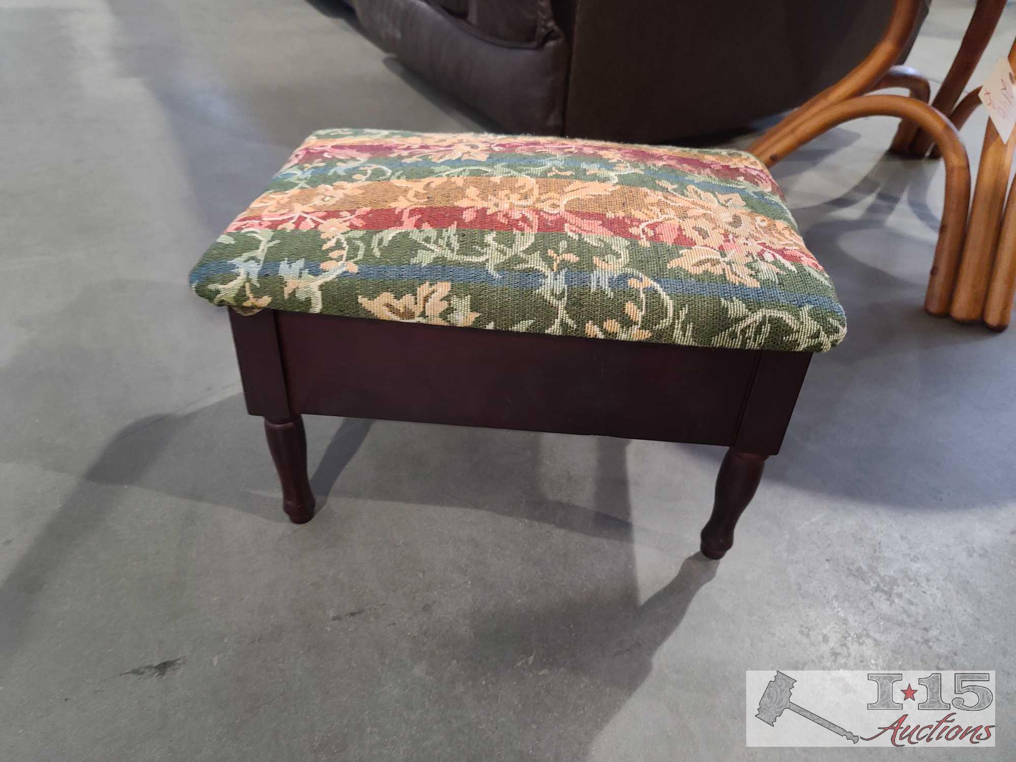 Wicker Chair, Wooden End Table, And Foot Stool