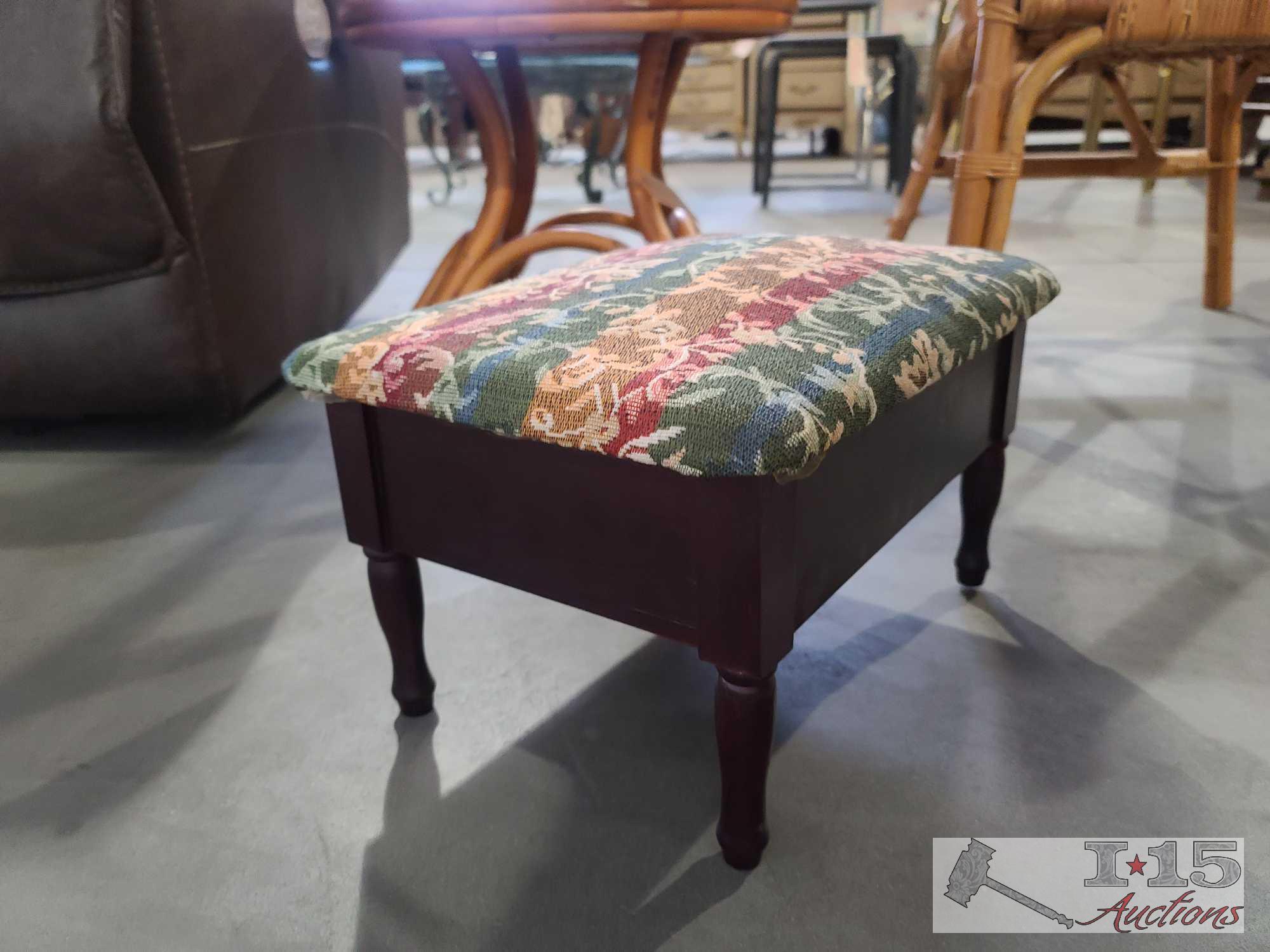 Wicker Chair, Wooden End Table, And Foot Stool
