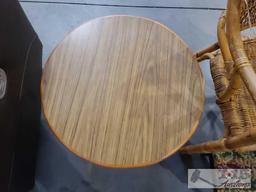 Wicker Chair, Wooden End Table, And Foot Stool
