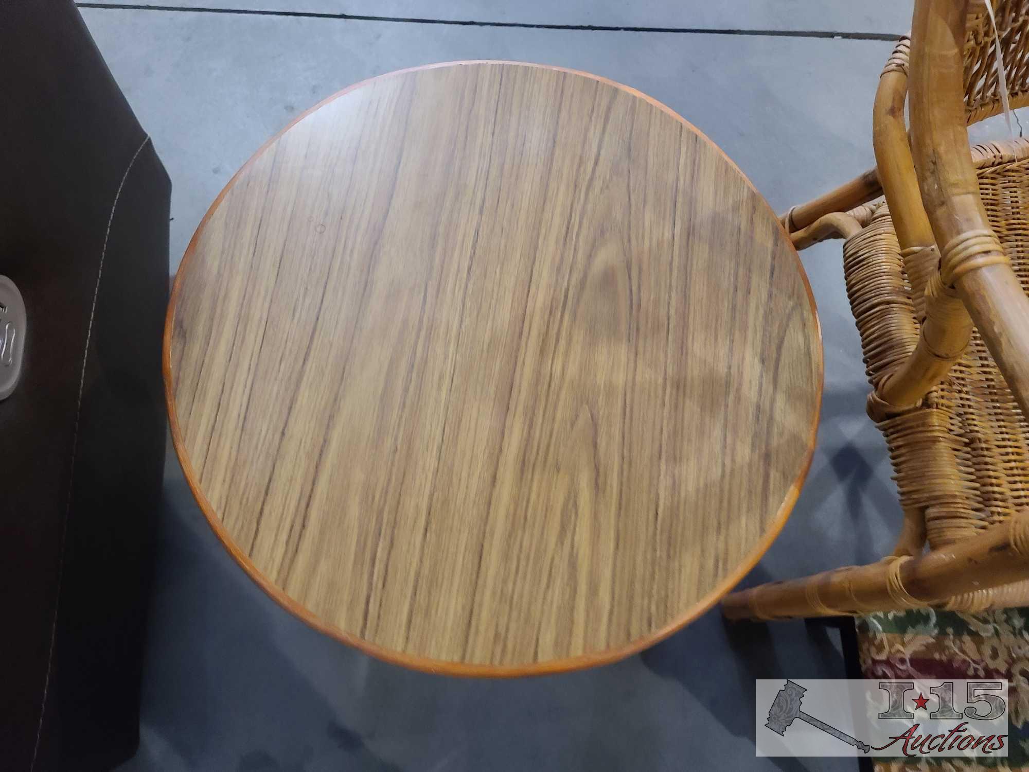 Wicker Chair, Wooden End Table, And Foot Stool