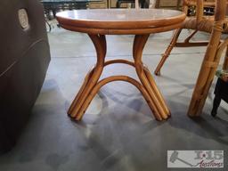 Wicker Chair, Wooden End Table, And Foot Stool