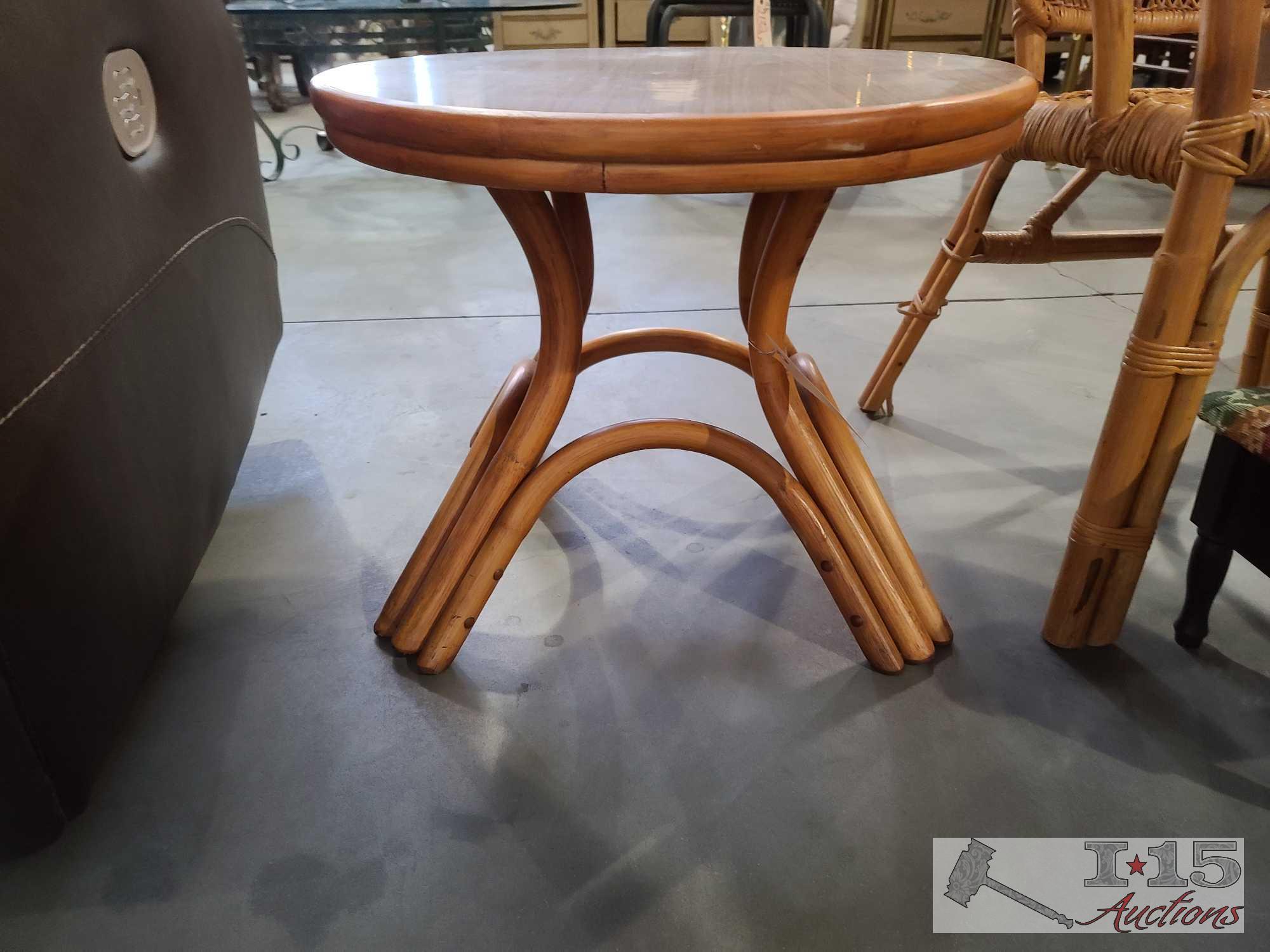 Wicker Chair, Wooden End Table, And Foot Stool