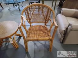Wicker Chair, Wooden End Table, And Foot Stool