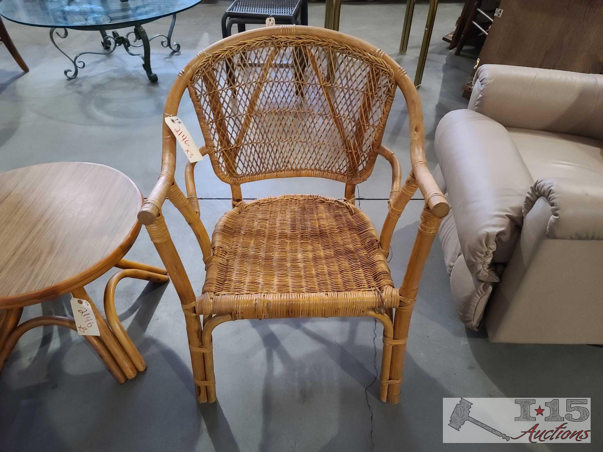 Wicker Chair, Wooden End Table, And Foot Stool