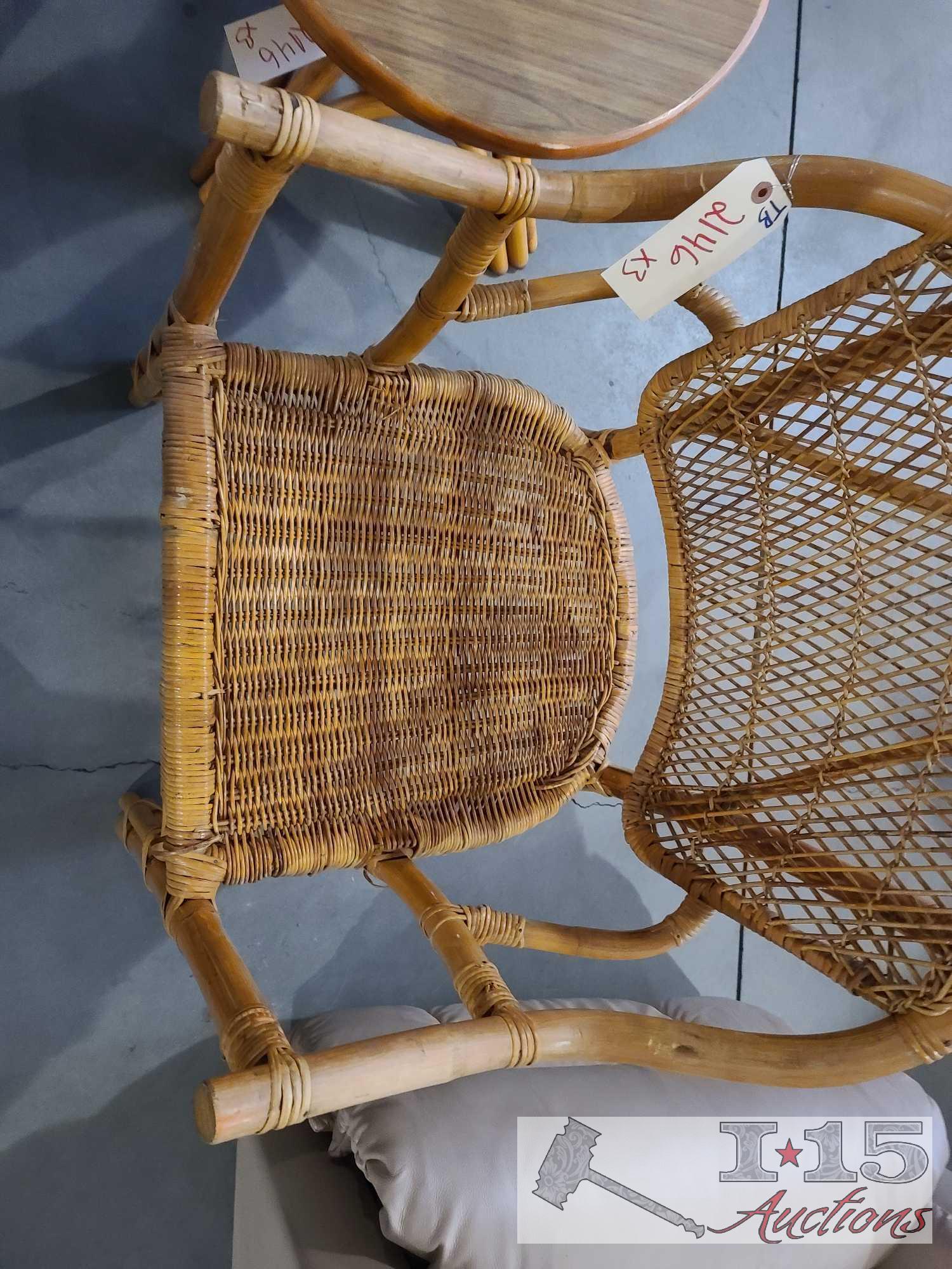Wicker Chair, Wooden End Table, And Foot Stool