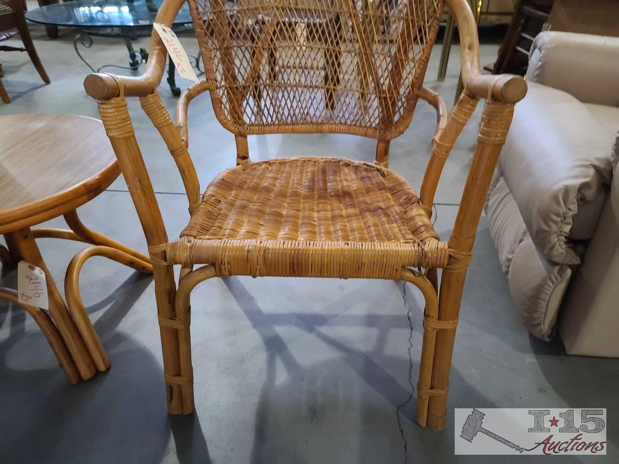 Wicker Chair, Wooden End Table, And Foot Stool