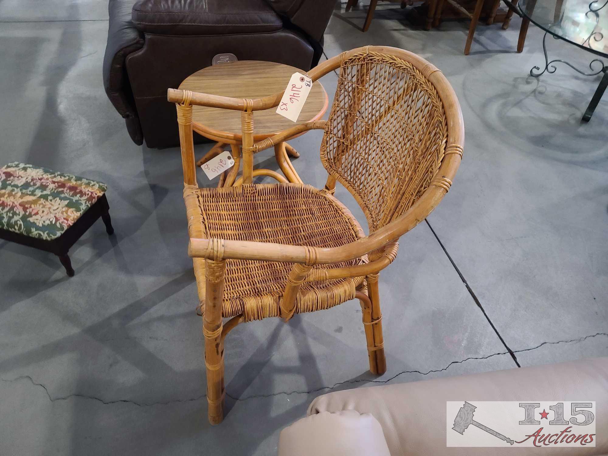 Wicker Chair, Wooden End Table, And Foot Stool