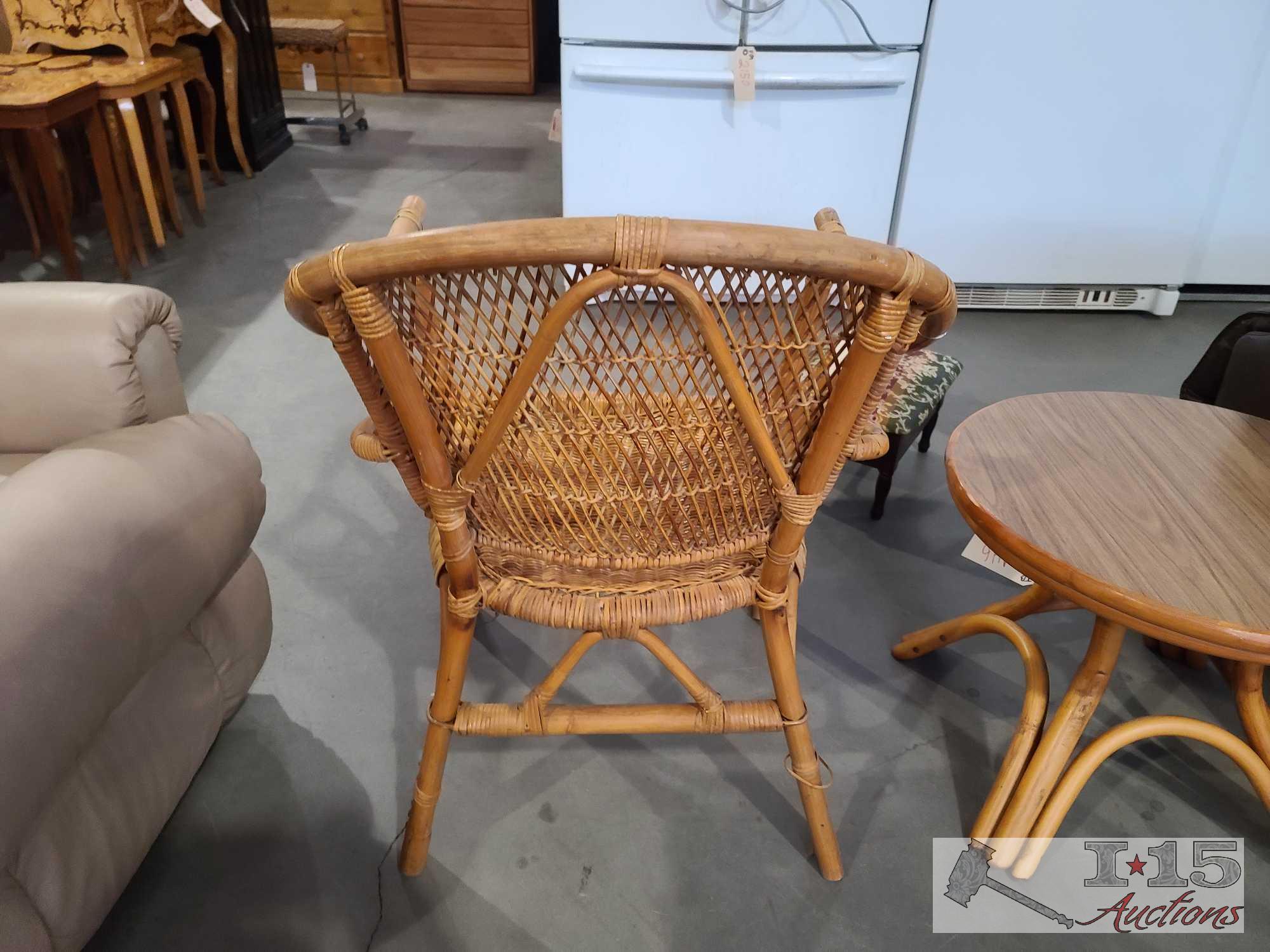Wicker Chair, Wooden End Table, And Foot Stool