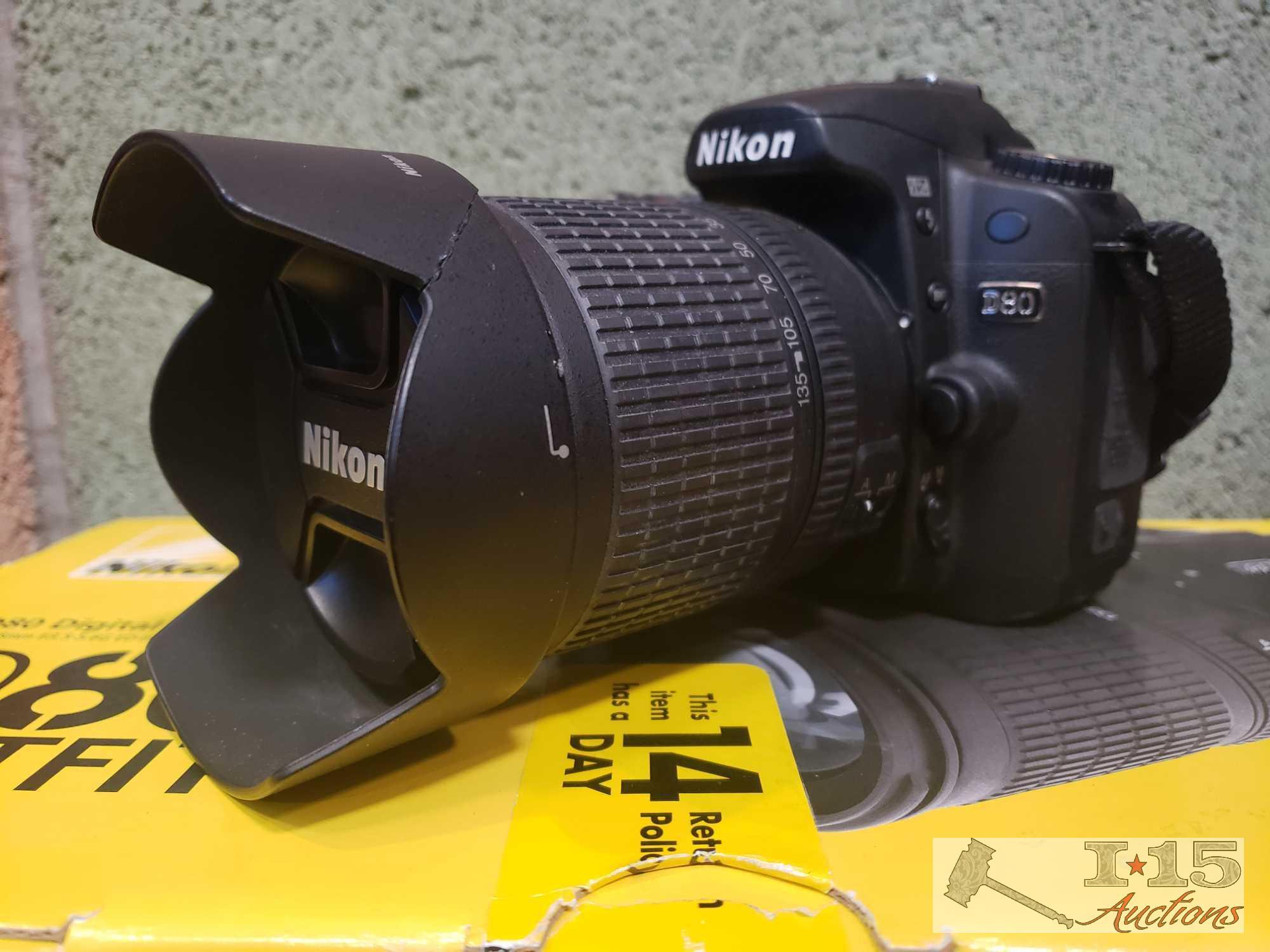 Nikon D80 Camera with 2 Lenses, Flash Attachment, and Original Box