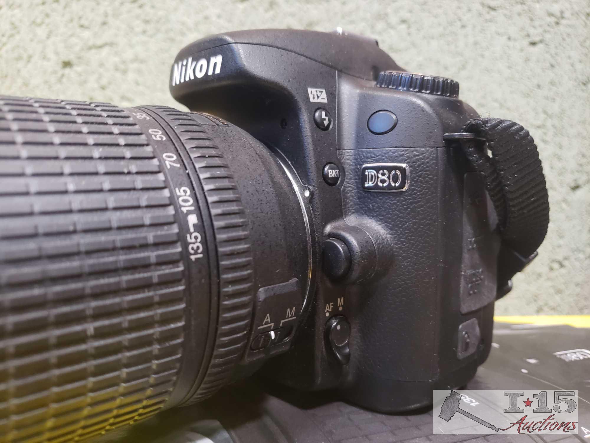 Nikon D80 Camera with 2 Lenses, Flash Attachment, and Original Box