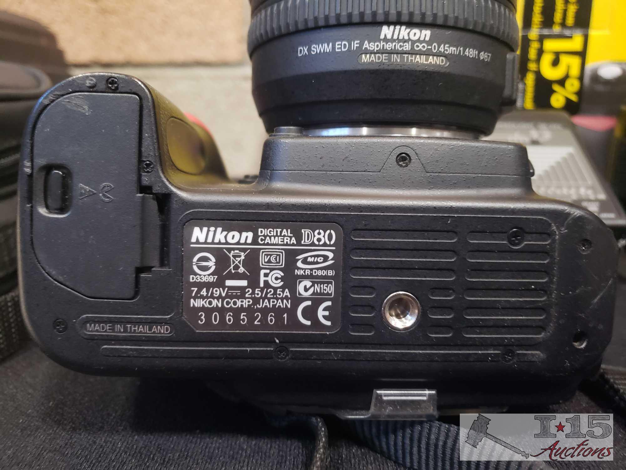 Nikon D80 Camera with 2 Lenses, Flash Attachment, and Original Box