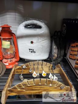 2 Lanterns, Electric Griddle, Double Burner, Toast Master, Antique Spoon Display, and More