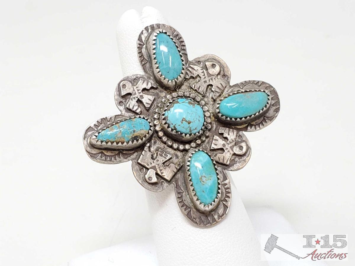 Native American Turquoise and Thunderbird Sterling Silver Ring