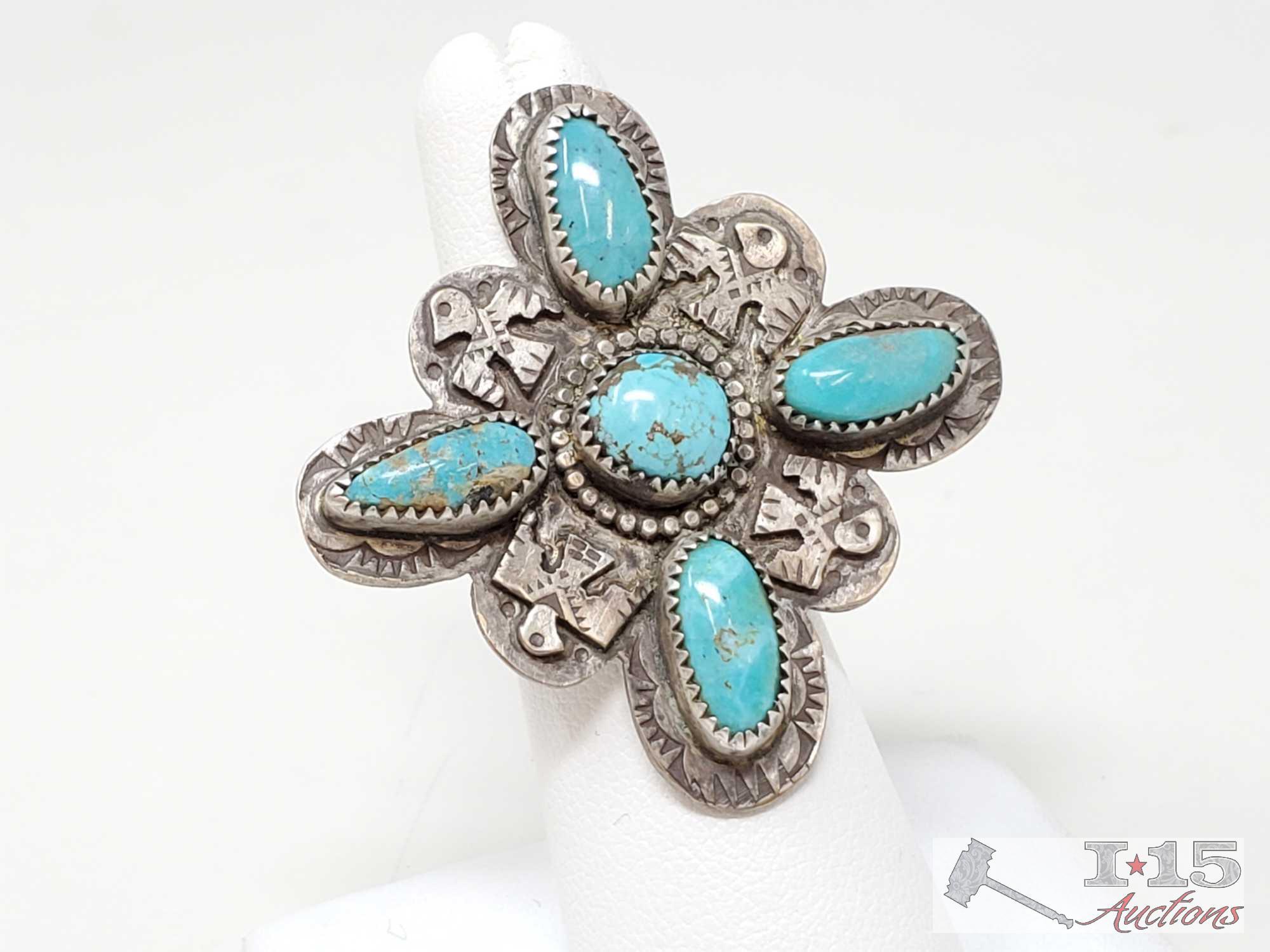 Native American Turquoise and Thunderbird Sterling Silver Ring